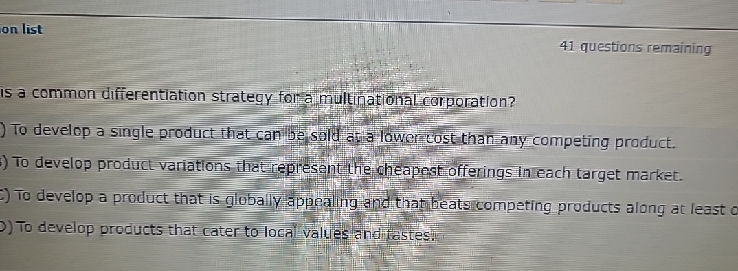  41 questions remaining is a common differentiation strategy for a multinational