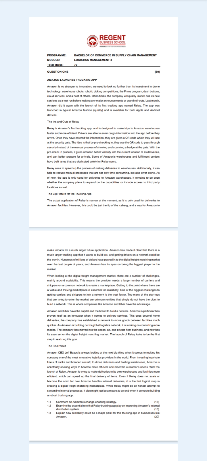  PROGRAMME: BACHELOR OF COMMERCE IN SUPPLY CHAIN MANAGEMENT MODULE: LOGISTICS MANAGEMENT