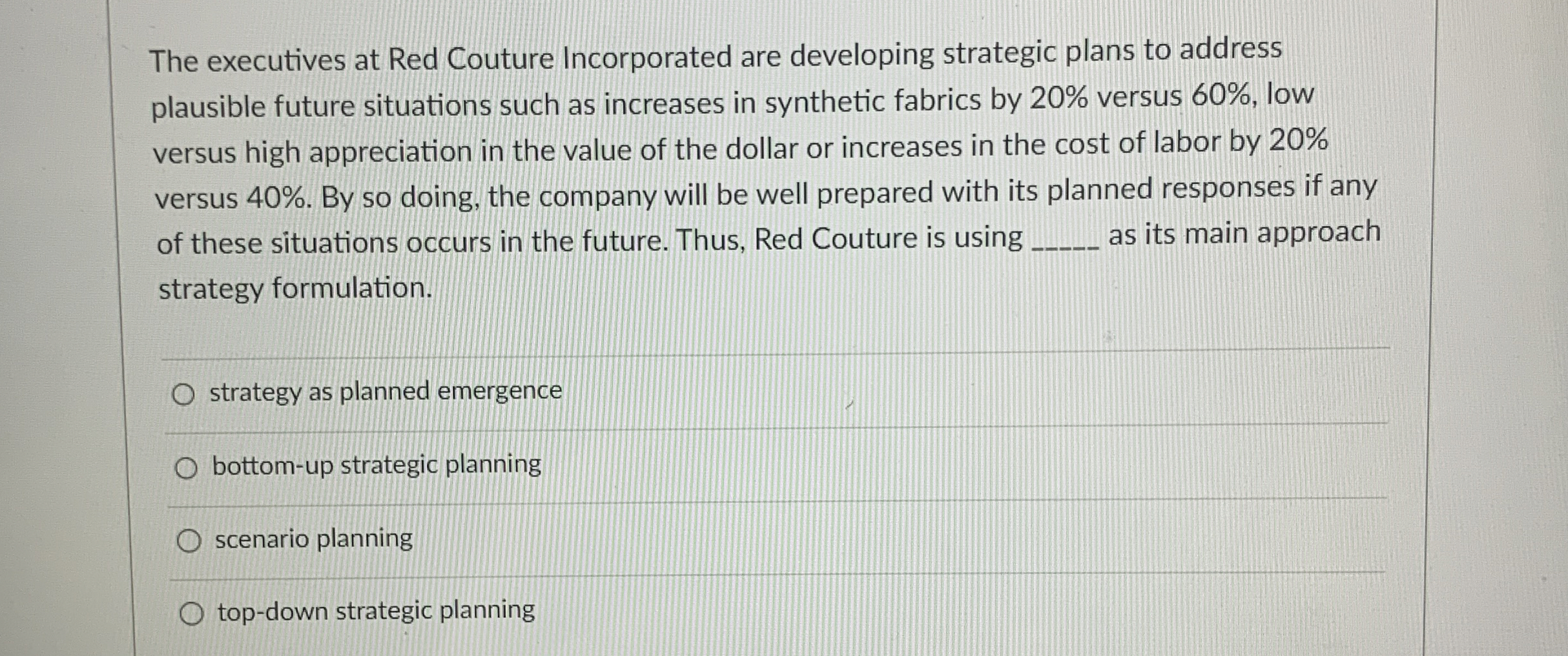  The executives at Red Couture Incorporated are developing strategic plans to