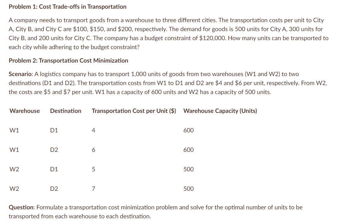  Problem 1: Cost Trade-offs in Transportation A company needs to transport