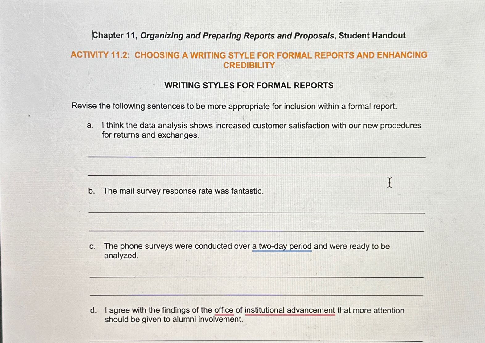 Chapter 11, Organizing and Preparing Reports and Proposals, Student Handout ACTIVITY