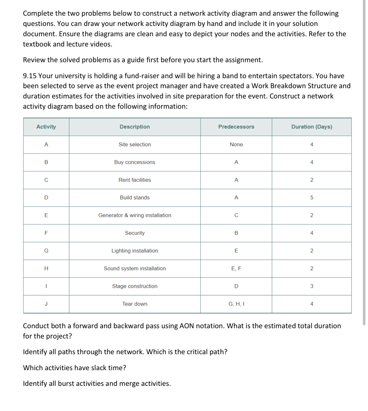  Complete the two problems below to construct a network activity diagram
