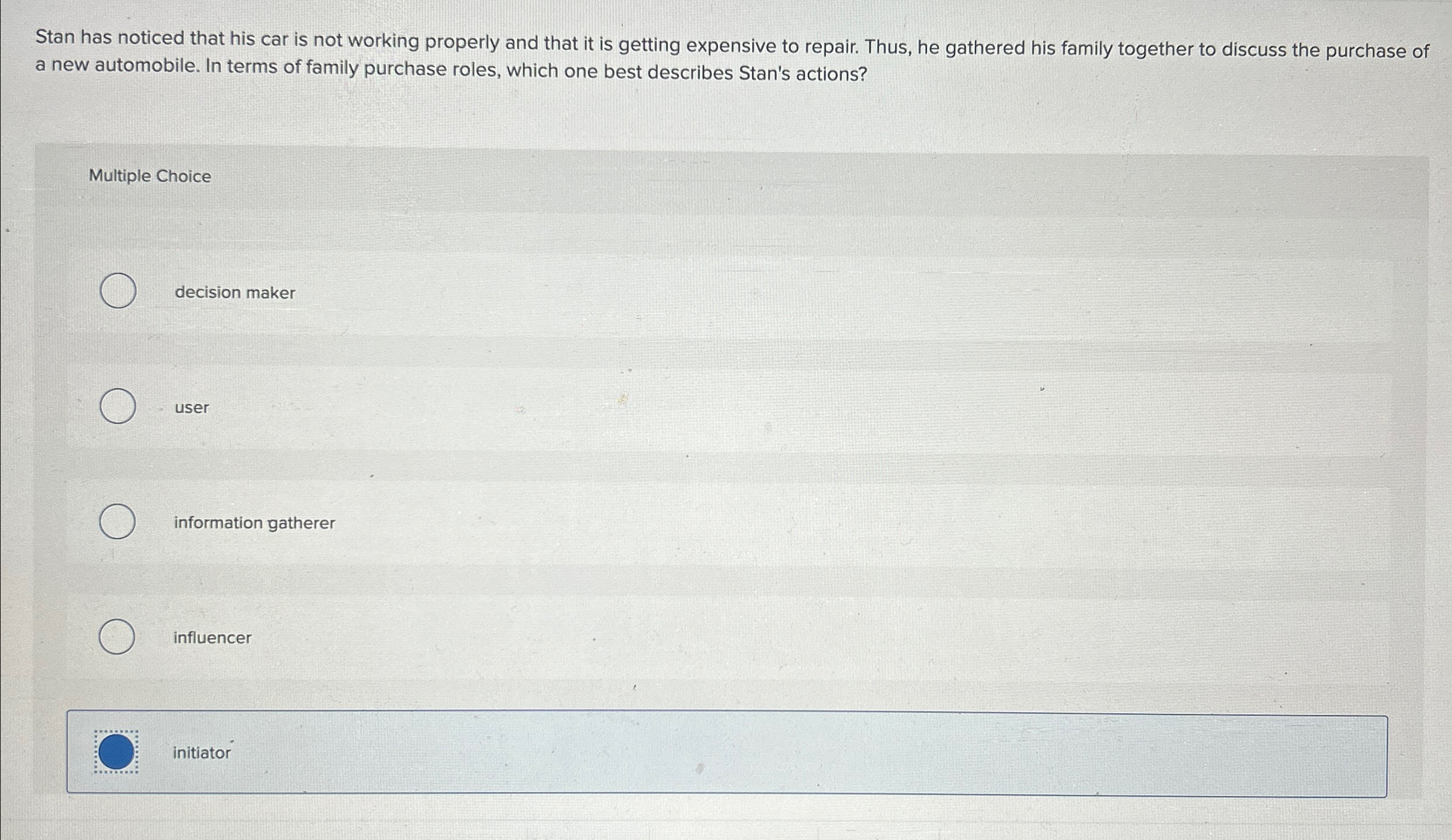  Stan has noticed that his car is not working properly and