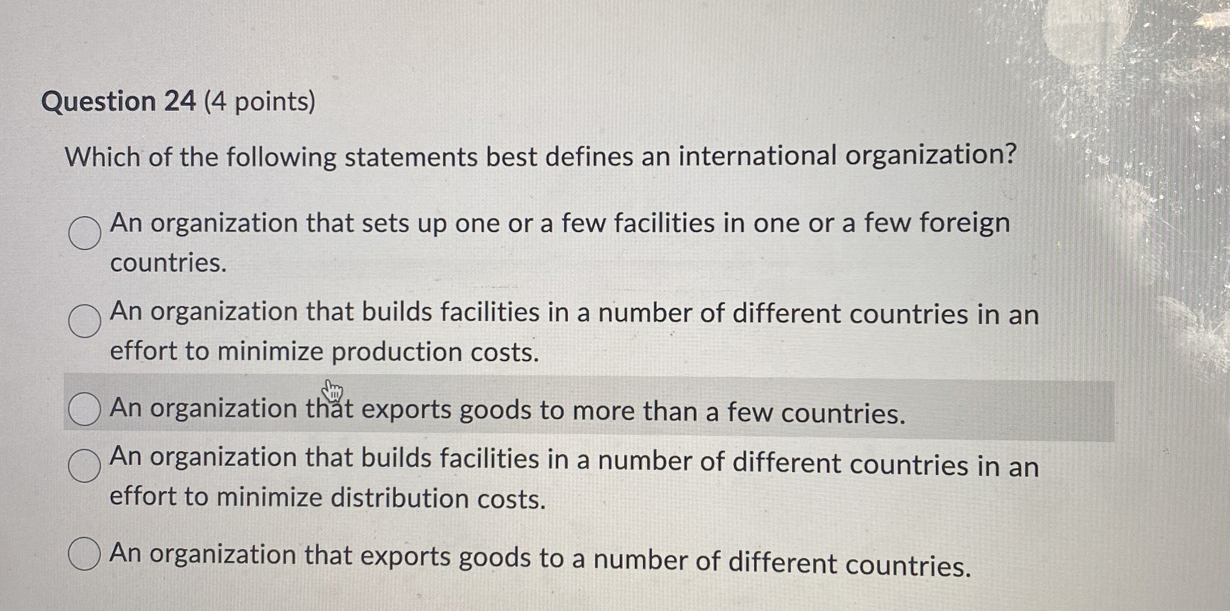  Question 24(4 points) Which of the following statements best defines an