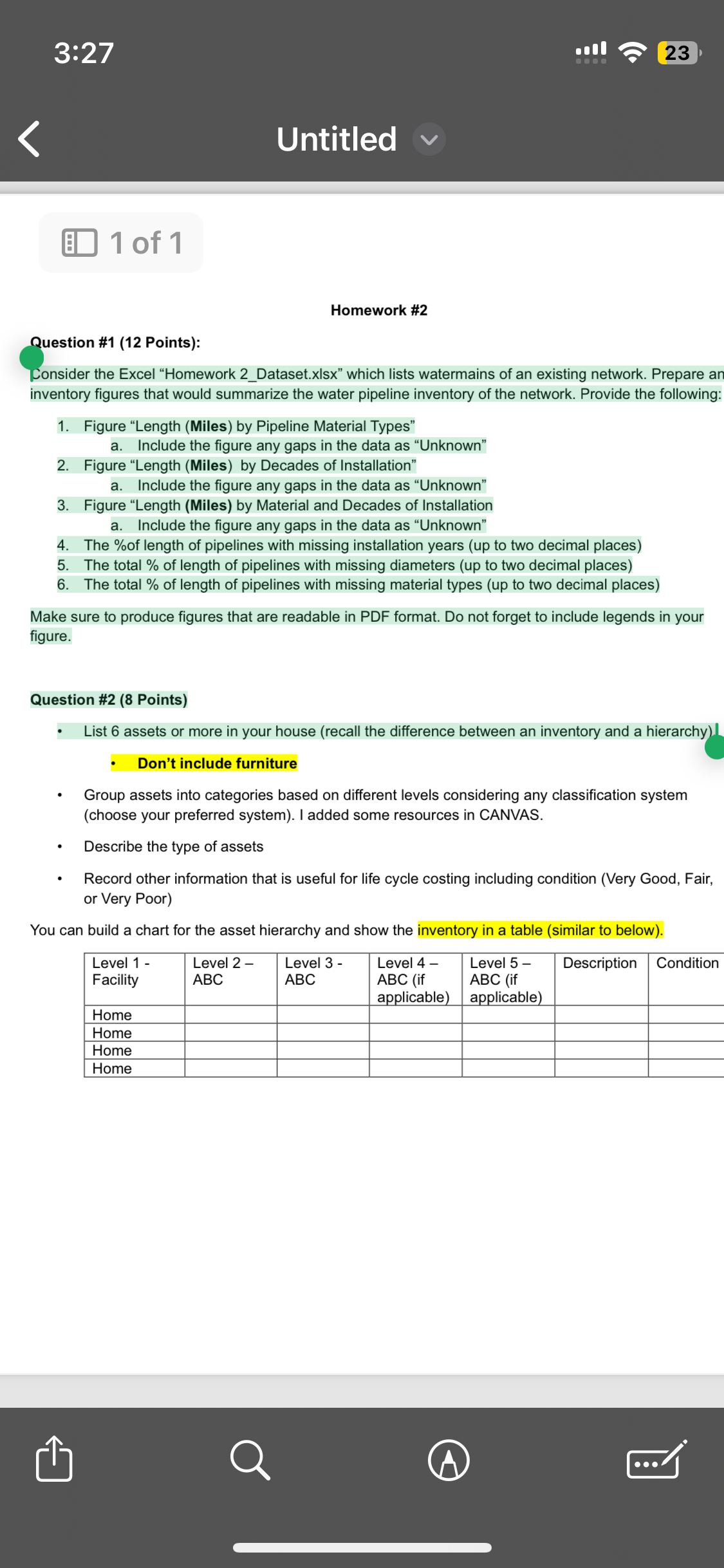  Question #1(12 Points): Consider the Excel "Homework 2_Dataset.xlsx" which lists watermains