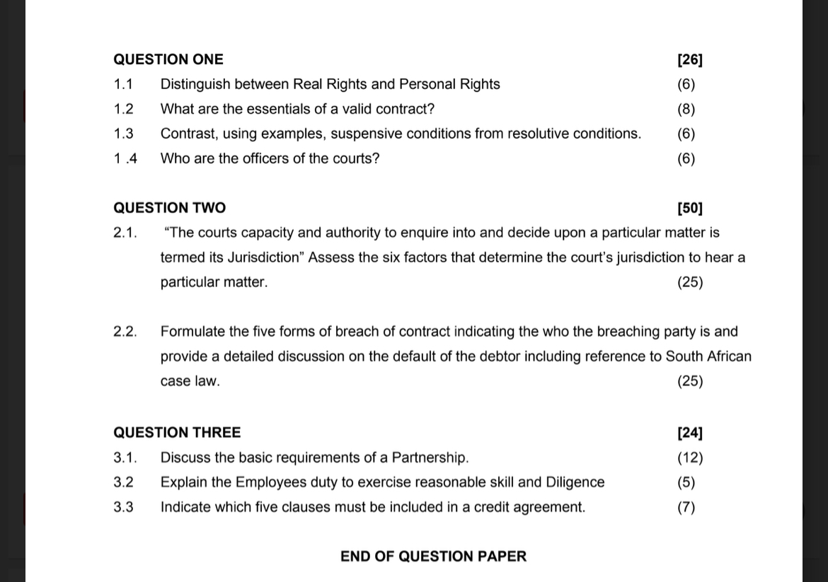  QUESTION ONE [26] 1.1 Distinguish between Real Rights and Personal Rights