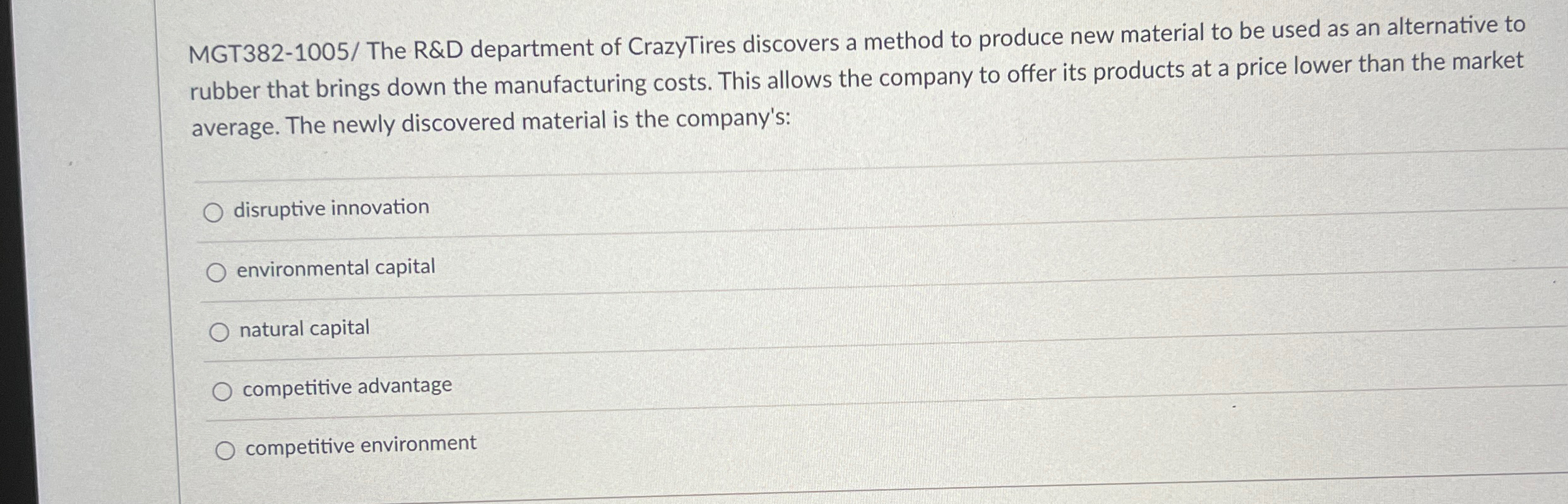  MGT382-1005/ The R&D department of CrazyTires discovers a method to produce