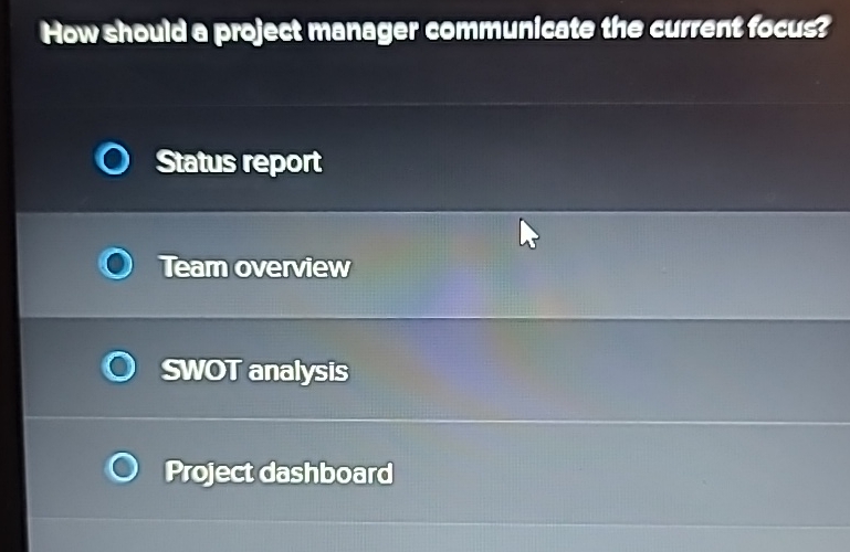  How should a project manager communleate the eurrent focus? Status report