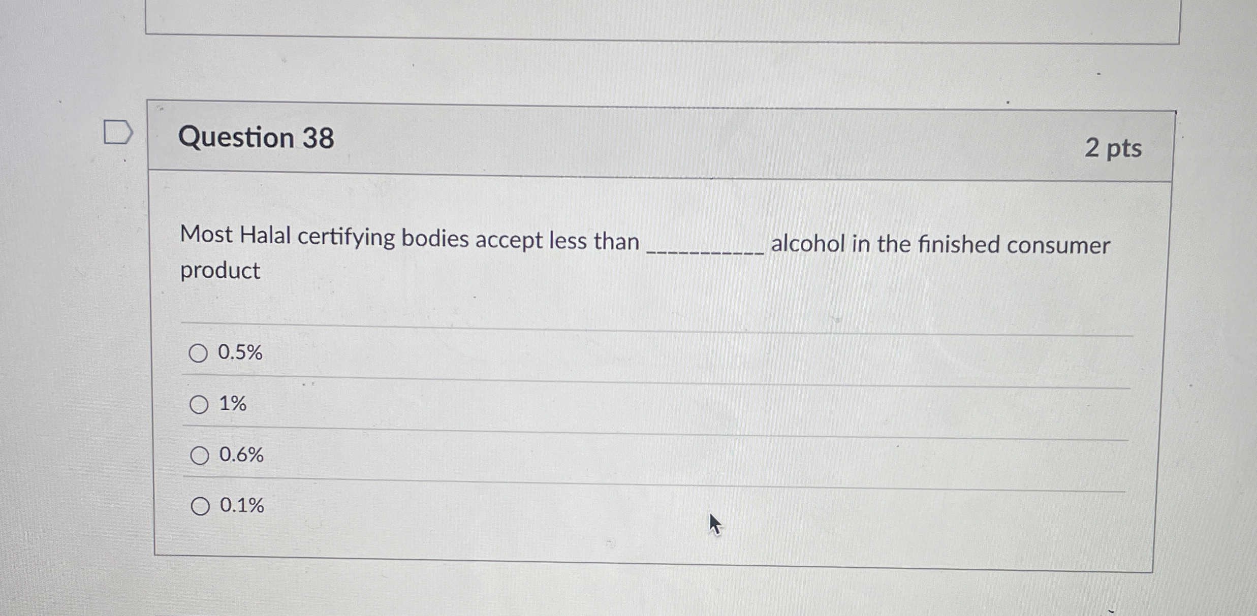  Question 38 Most Halal certifying bodies accept less than alcohol in