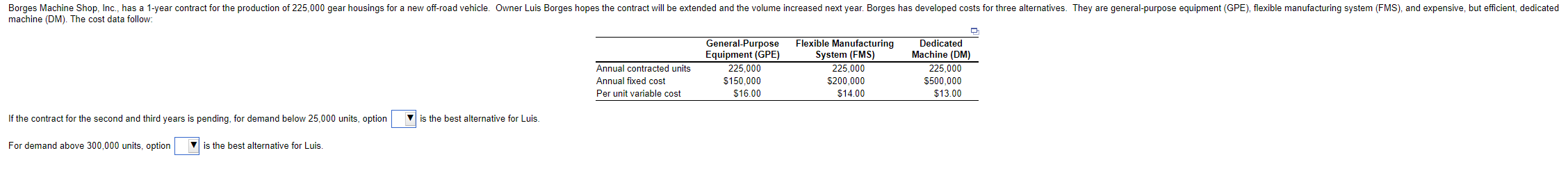  machine (DM). The cost data follow: \table[[,General-Purpose,Flexible Manufacturing,\table[[Dedicated],[System (FMS)]]],[,Equipment (GPE),\table[[Mach (DM)]],],[Annual