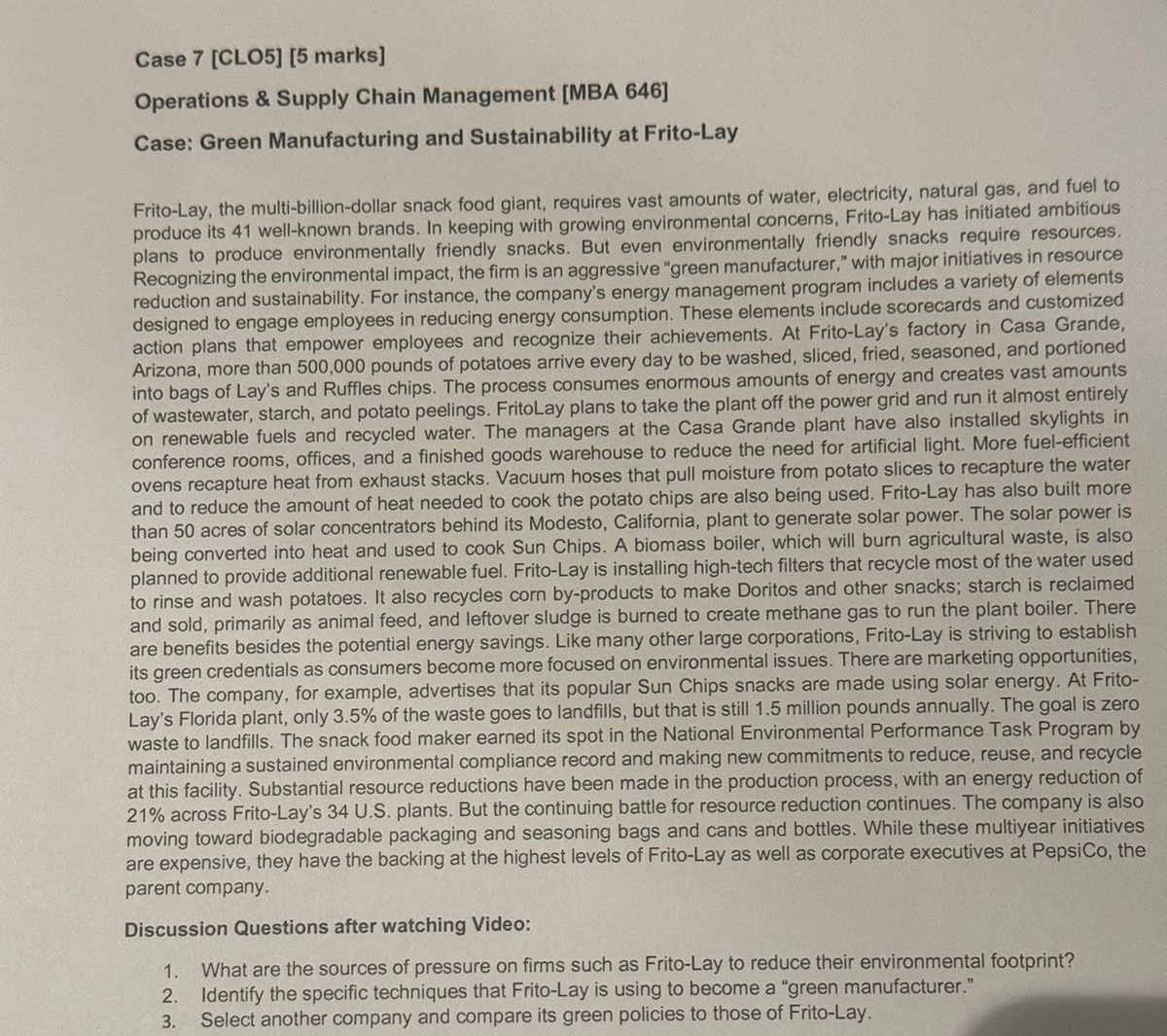  Case 7[CLO5][5 marks] Operations & Supply Chain Management [MBA 646] Case: