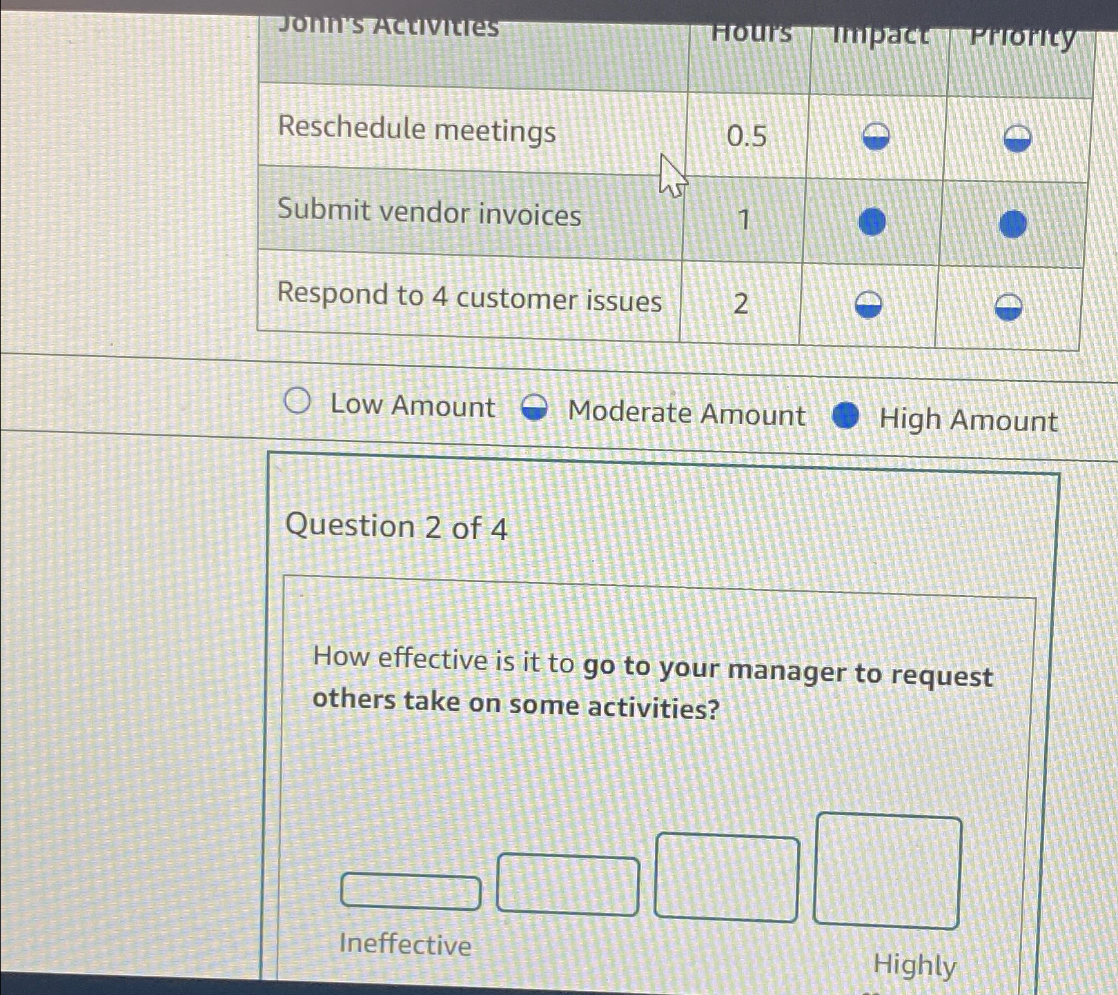 \table[[Reschedule meetings,0.5,0,],[Submit vendor invoices,1,0,],[Respond to 4 customer issues,2,0,]] Low Amount Moderate