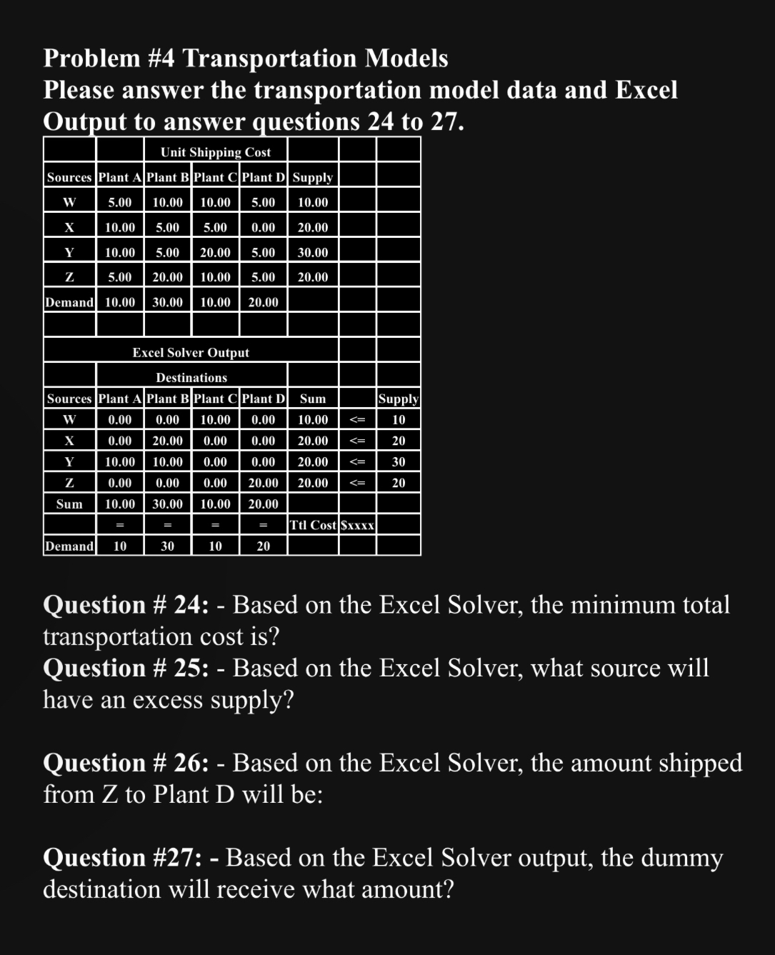  Problem #4 Transportation Models Please answer the transportation model data and