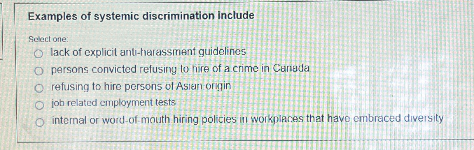  Examples of systemic discrimination include Select one: lack of explicit anti-harassment