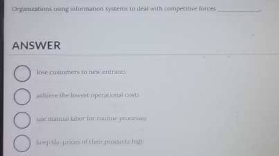  Organizations using information systems to deal with competitive forces ANSWER lose