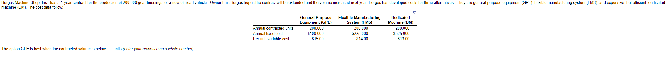  machine (DM). The cost data follow \table[[,,,],[,\table[[General-Purpose],[Equipment (GPE)]],\table[[Flexible Manufacturing],[System (FMS)]],\table[[Dedicated],[Machine (DM)]]],[Annual