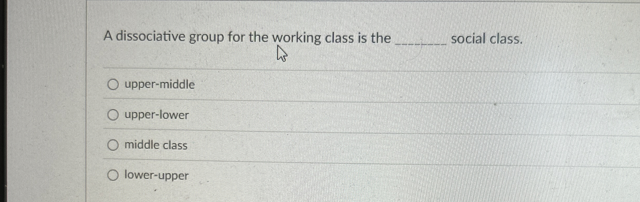  A dissociative group for the working class is the q, social