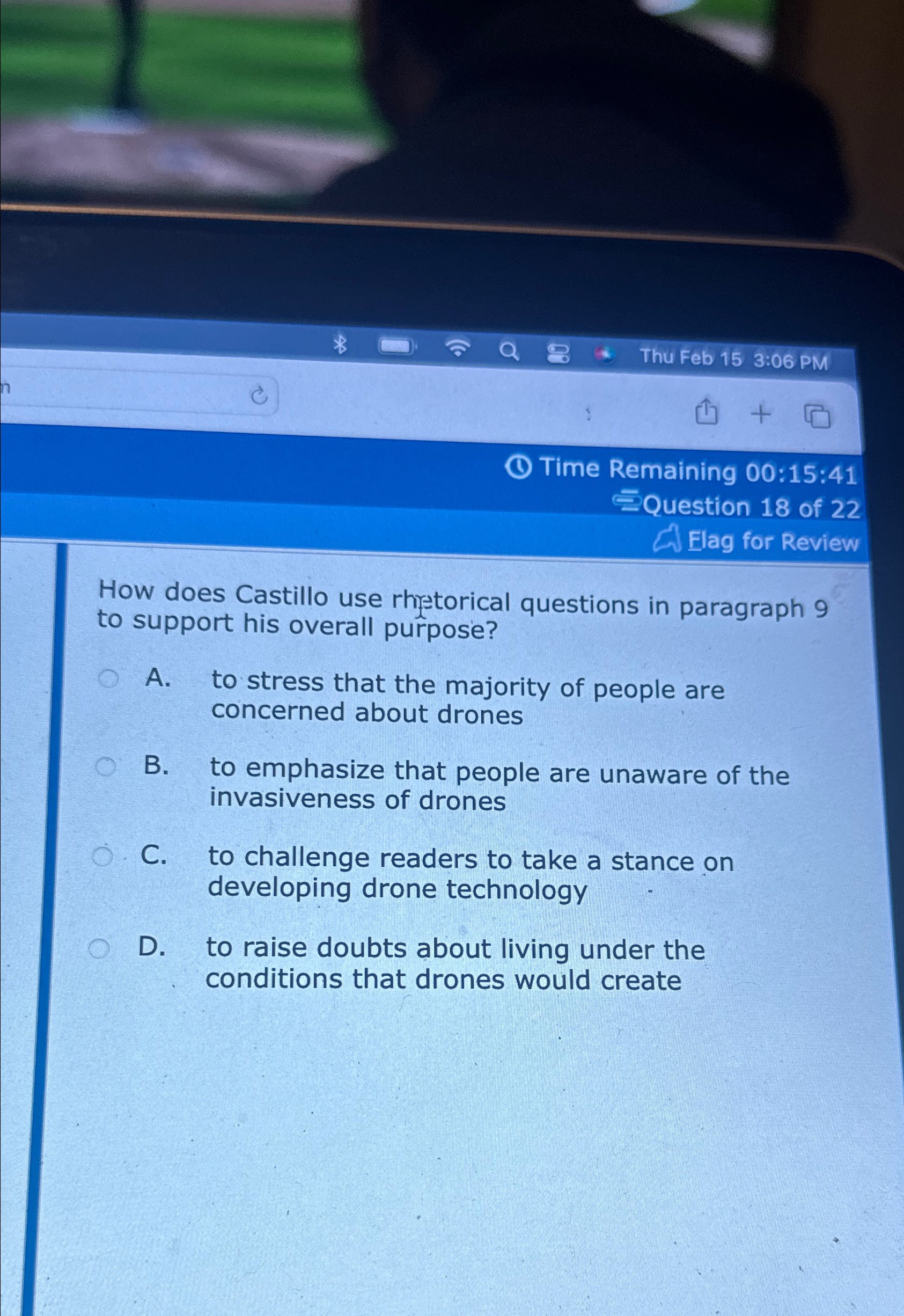  Time Remaining 00:15:41 Question 18 of 22 G Elag for Review