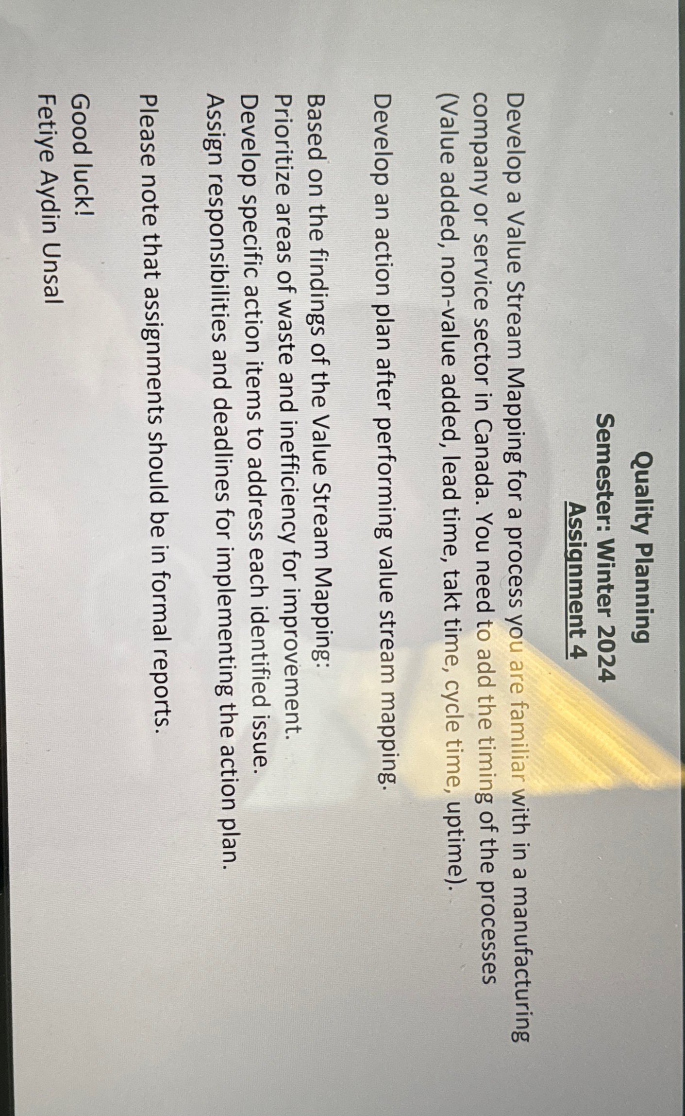  Quality Planning Semester: Winter 2024 Assignment 4 Develop a Value Stream