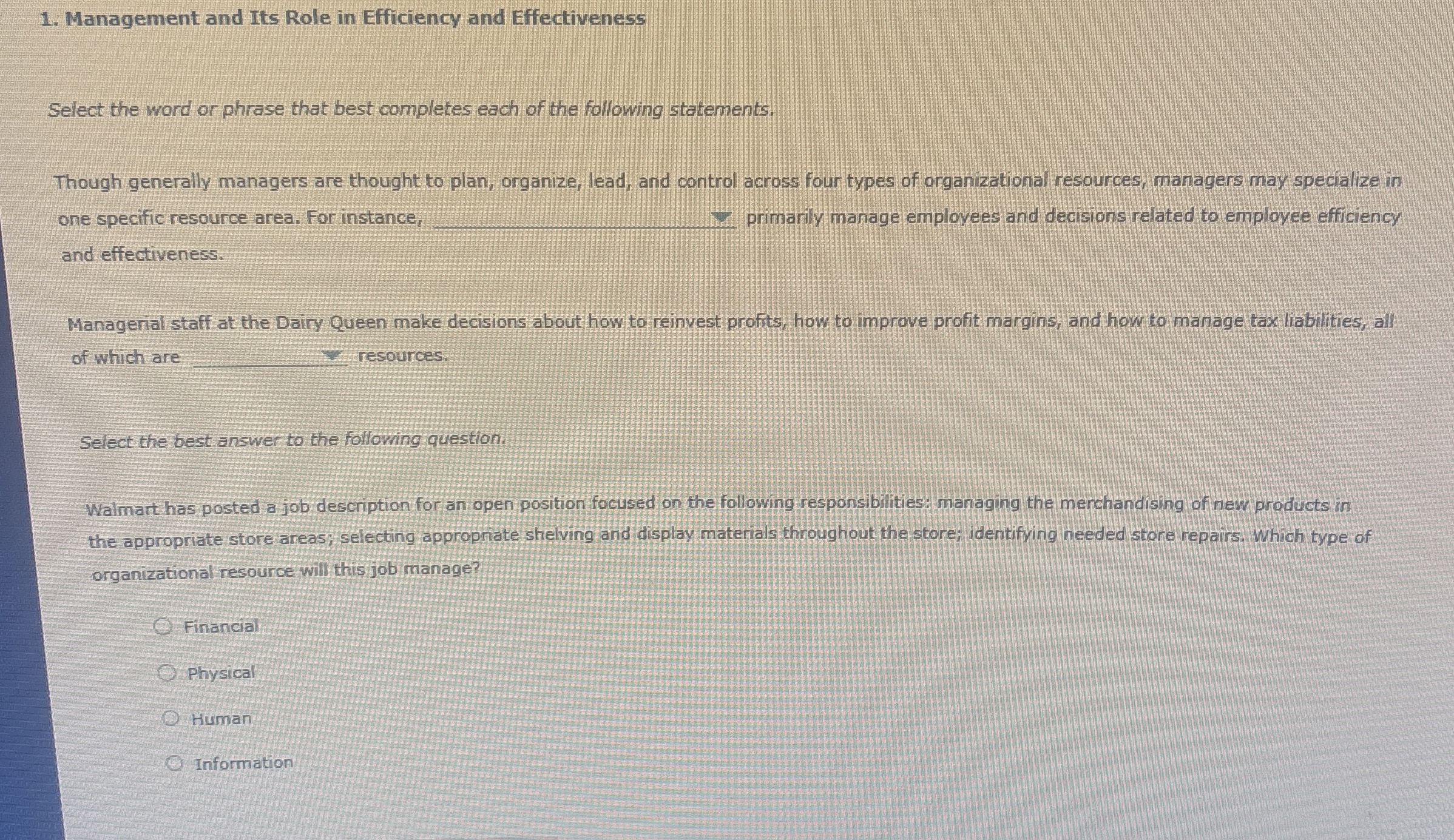  Management and Its Role in Efficiency and Effectiveness Select the word