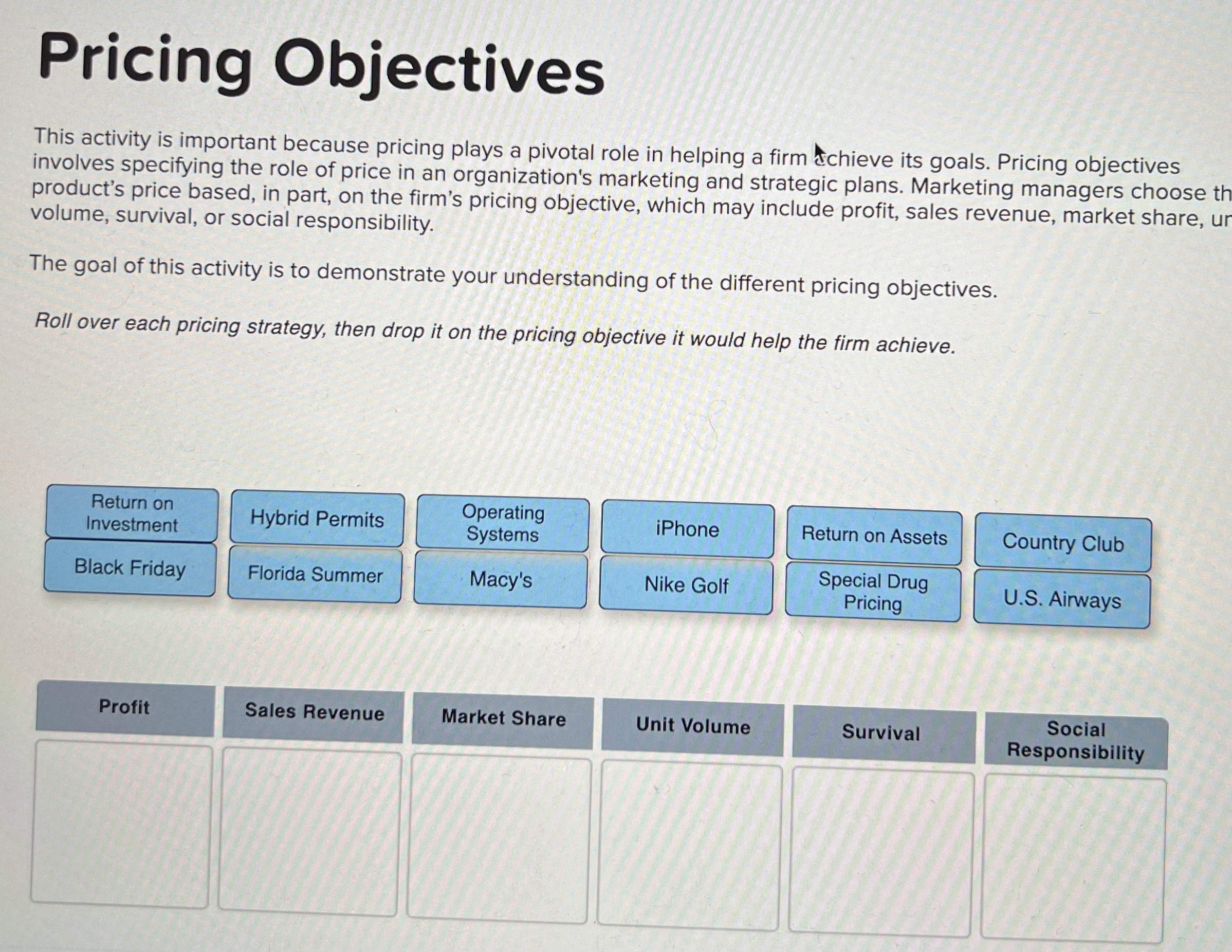  Pricing Objectives This activity is important because pricing plays a pivotal
