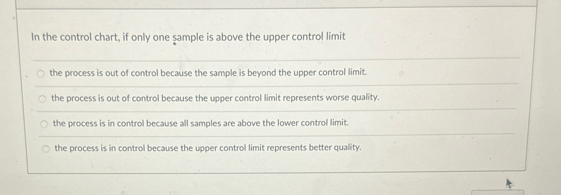  In the control chart, if only one sample is above the