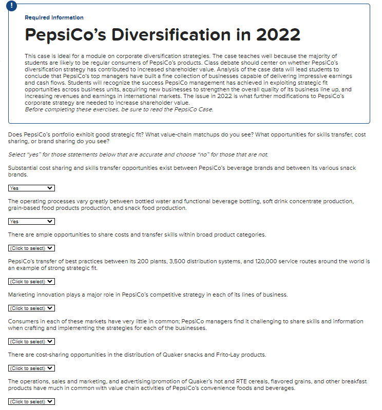  Requlred Informatlon PepsiCo's Diversification in 2022 This case is ideal for