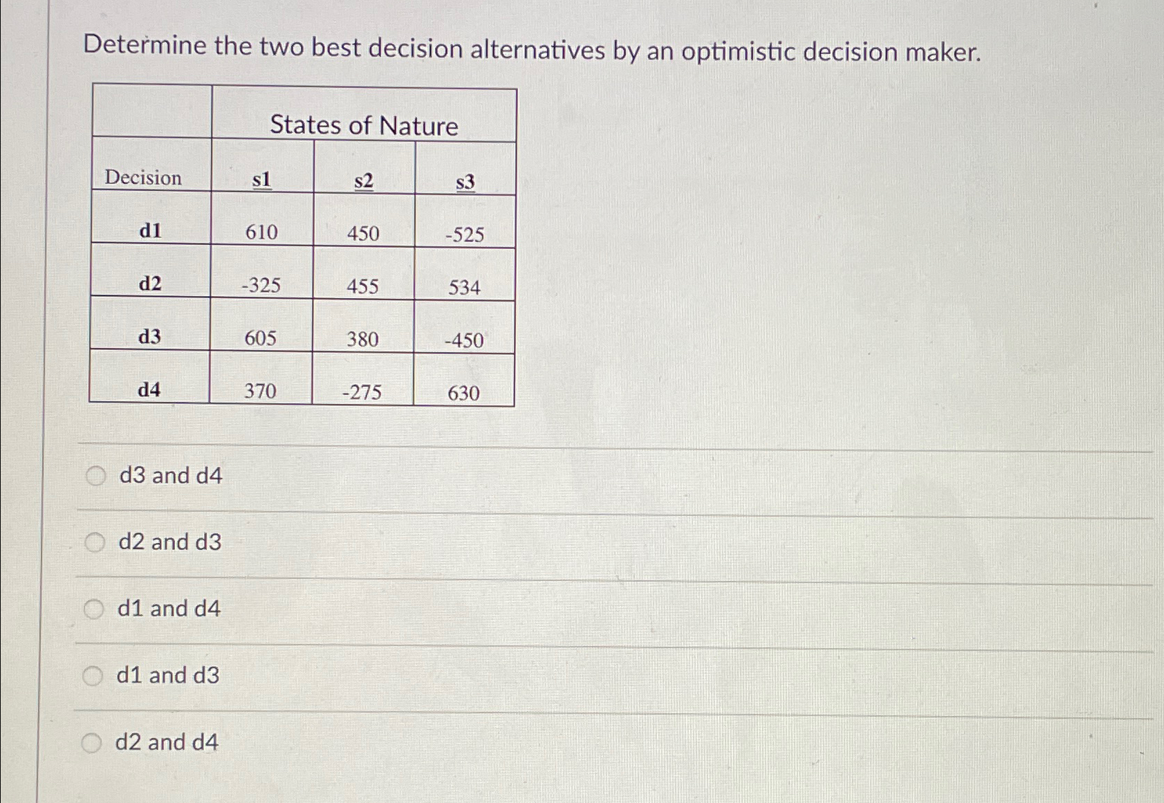  Determine the two best decision alternatives by an optimistic decision maker.