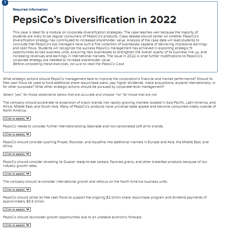  Requlred Information PepsiCo's Diversification in 2022 This case is ideal for