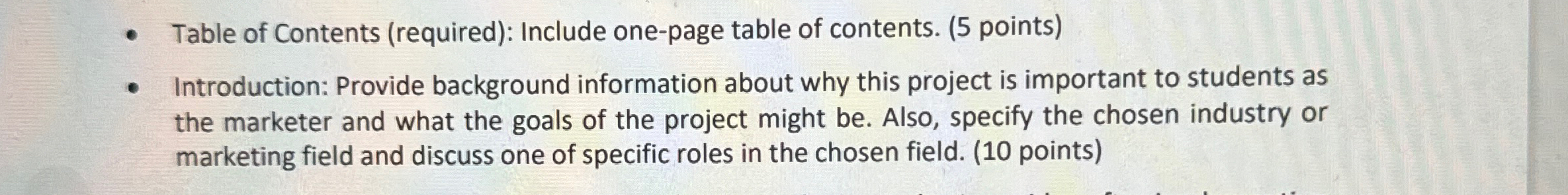  Table of Contents (required): Include one-page table of contents. (5 points)