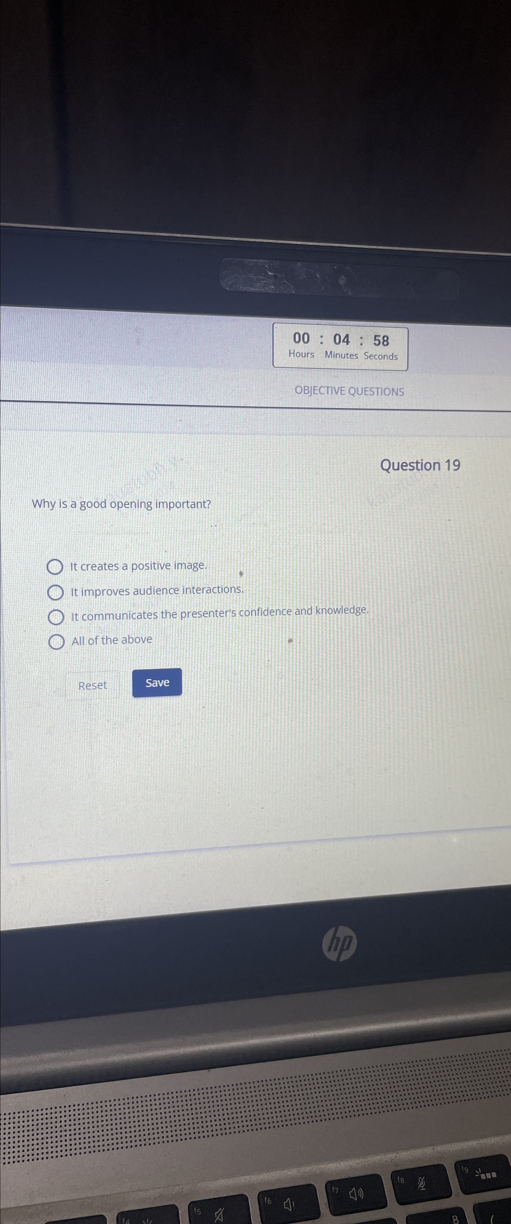  00:04:58 Hours Minutes Seconds OBJECTIVE QUESTIONS Question 19 Why is a