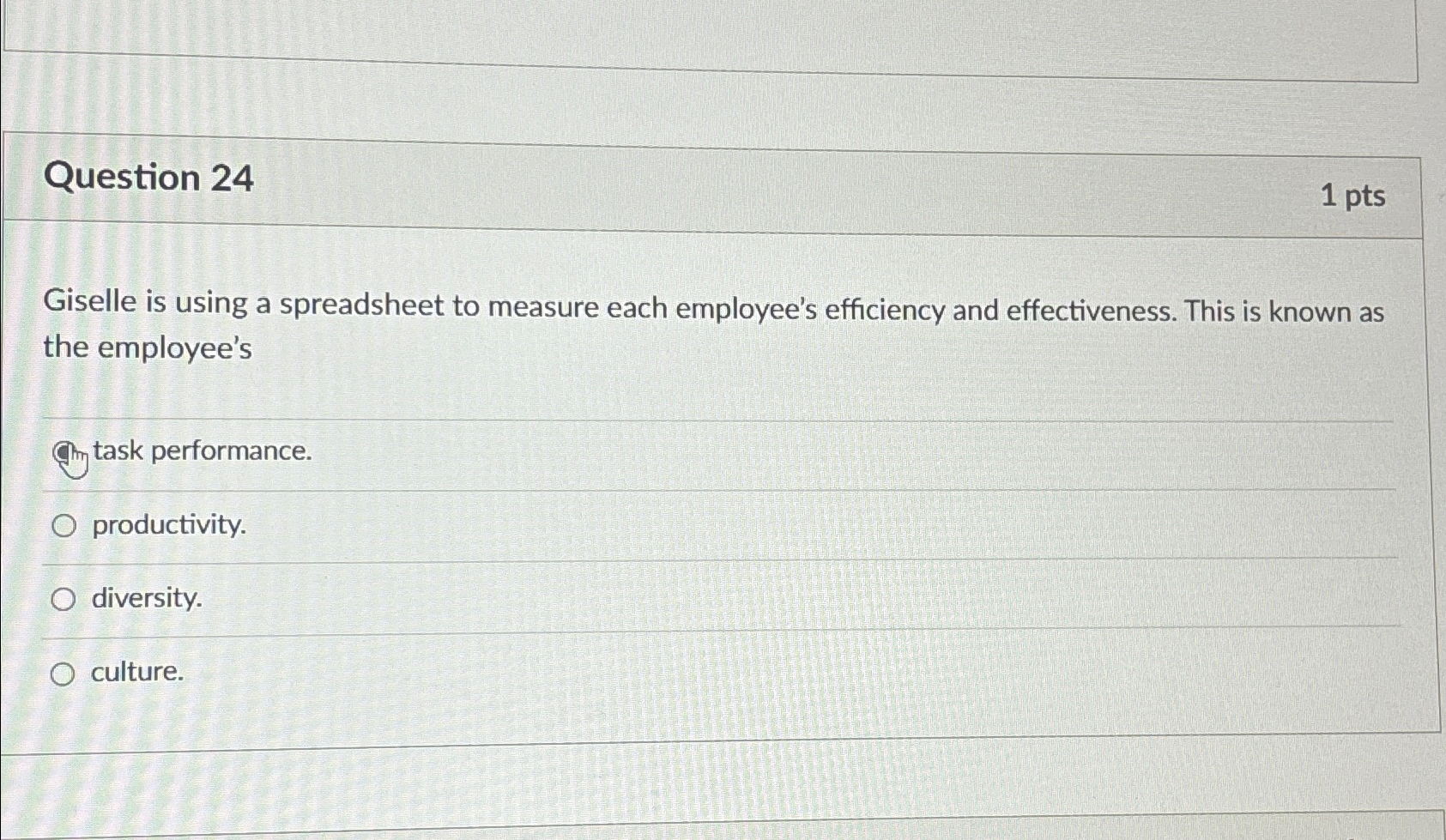  Question 24 1 pts Giselle is using a spreadsheet to measure