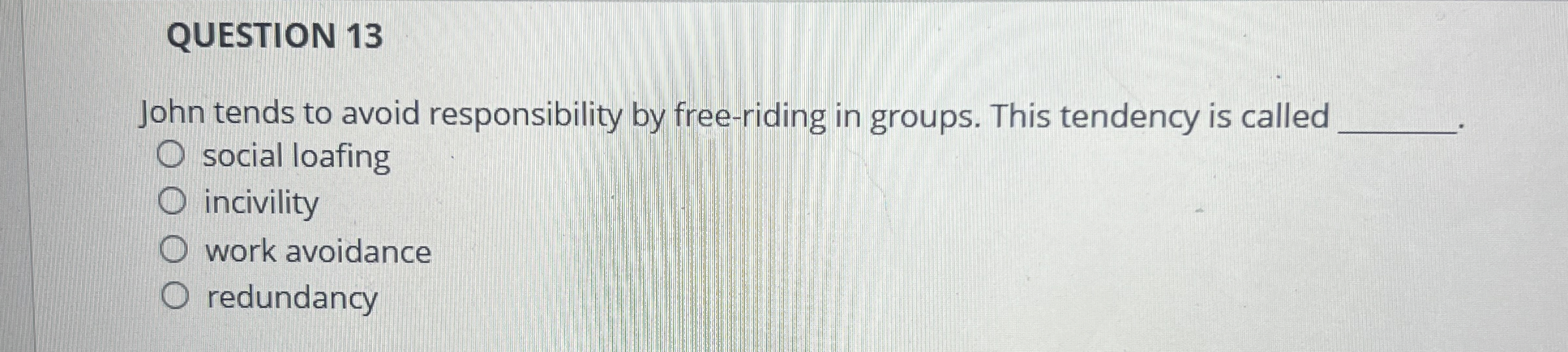  QUESTION 13 John tends to avoid responsibility by free-riding in groups.