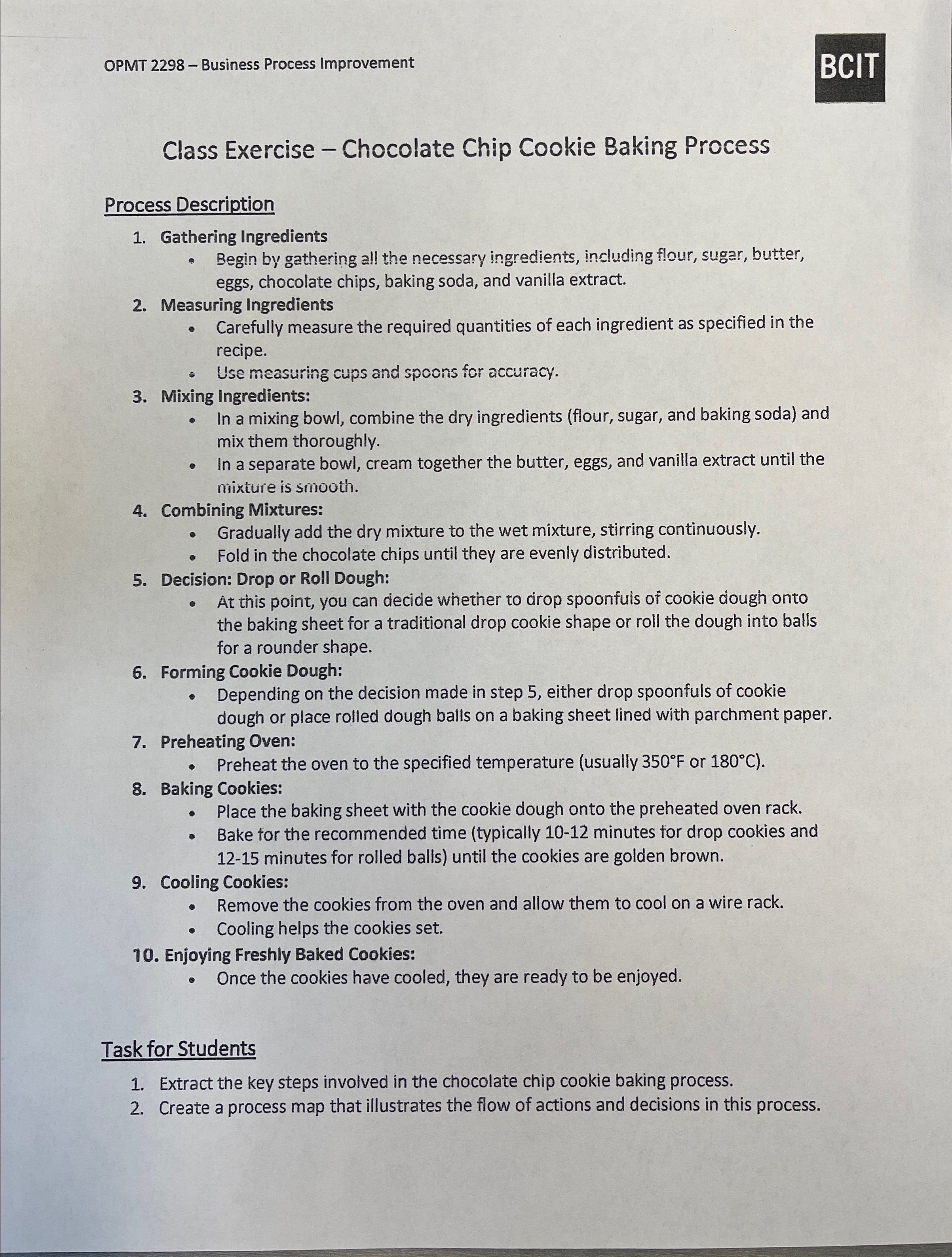  OPMT 2298- Business Process Improvement Class Exercise - Chocolate Chip Cookie