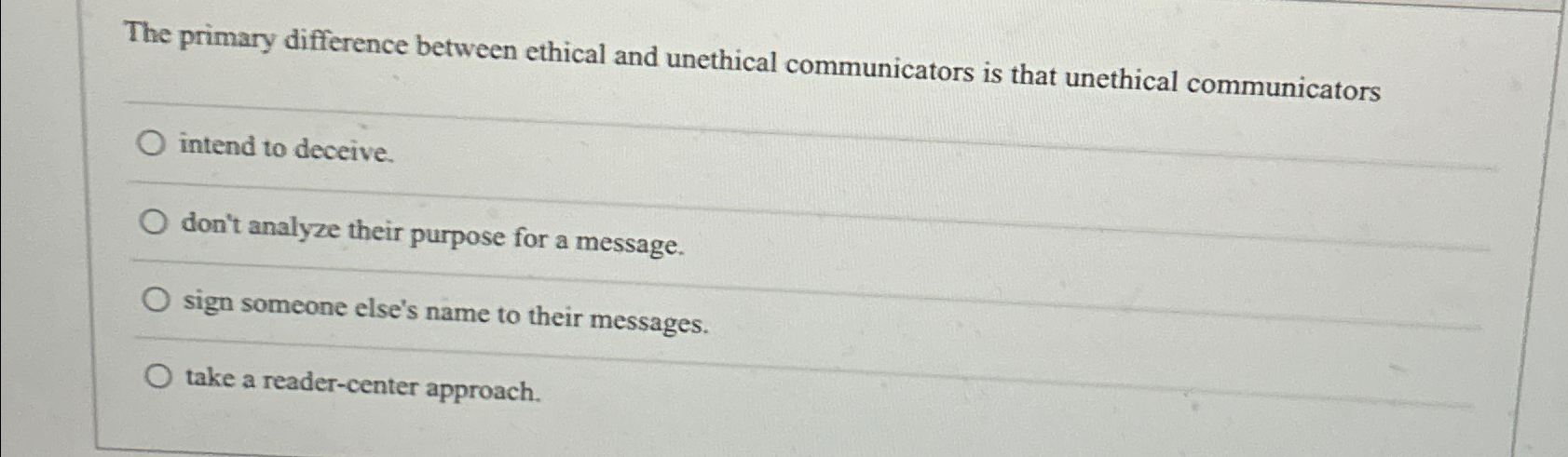  The primary difference between ethical and unethical communicators is that unethical
