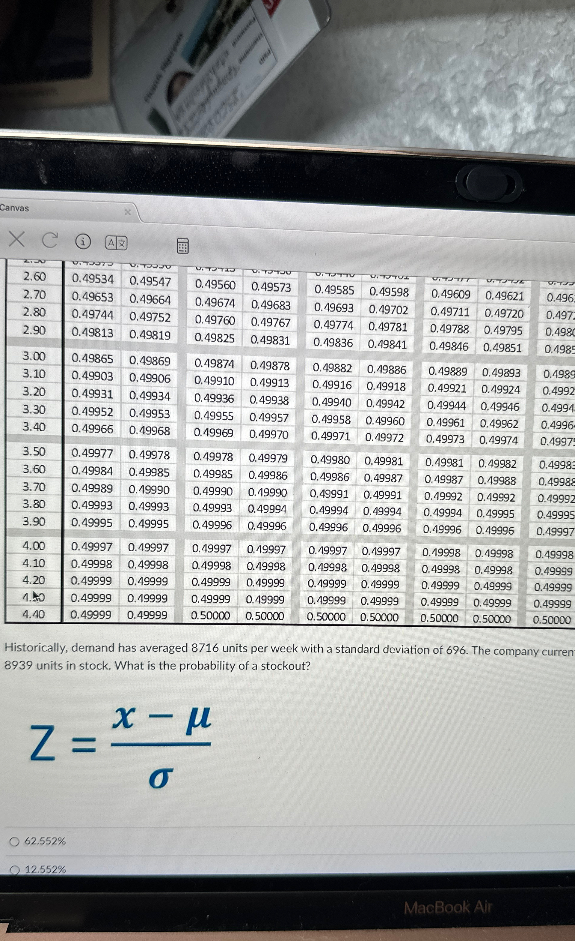  \table[[,,,,,,,,,],[2.70,0.49653,,0.49560,0.49573,0.49585,0.49598,0.49609,0.49621,],[2.80,0.49744,,0.49674,0.49683,0.49693,0.49702,0.49711,0.49720,],[2.90,0.49813,0.49752,0.49760,0.49767,0.49774,0.49781,0.49788,0.49795,],[,,0.49819,0.49825,0.49831,0.49836,0.49841,0.49846,0.49851,],[3.10,5,0.49869,0.49874,0.49878,0.49882,0.49886,0.49889,0.49893,0.49],[3.20,0.49903,0.49906,0.49910,0.49913,0.49916,0.49918,0.49921,0.49924,0.4],[3.30,0.49931,0.49934,0.49936,0.49938,0.49940,0.49942,0.49944,0.49946,0.4],[3.40,0.49952,0.49953,0.49955,0.49957,0.49958,0.49960,0.49961,0.49962,],[,,0.49968,0.49,0.49970,0.49971,72,0.49973,0.49974,0.4],[3.50,0.49977,0.4,0.49978,0.49979,0.49980,0.49981,0.49981,0.49982,],[3.60,0.49984,0.49985,0.49985,0.49986,0.49986,0.49987,0.49987,0.49988,],[3.70,0.49989,0.49990,0.49990,0.49990,0.49991,0.49991,0.49992,0.49992,],[3.80,0.49993,0.49993,0.49993,0.49994,0.49994,0.49994,0.49994,0.49995,0.4],[3.90,0.49995,0.49995,0.49996,9996,0.49996,0.49996,0.49996,0.49996,0.4],[4.00,0.49997,0.49997,0.49997,0.49997,0.49997,0.49997,0.49998,0.49998,0.4],[4.10,0.49998,0.49998,0.49998,0.49998,0.49998,0.49998,0.49998,0.49998,0.4],[4.20,0.49999,0.49999,0.49999,0.49999,0.49999,0.49999,0.49999,0.49999,0.499],[4.40,0.49999,0.49999,0.49999,0.49999,0.49999,0.49999,0.49999,0.49999,0.499],[4.40,0.49999,0.49999,0.50000,0.50000,0.50000,0.50000,0.50000,0.50000,0.50]] Historically, demand has averaged 8716 units per week with a