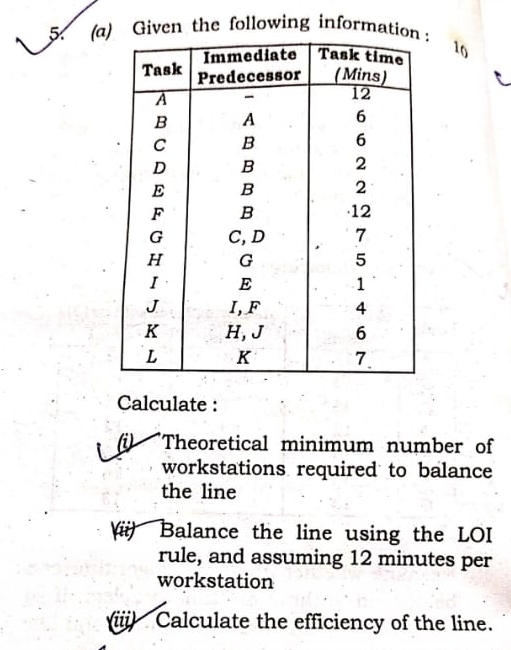  (a) Given the following information: \table[[Task,\table[[Immediate],[Predecessor]],\table[[Task time],[(Mins)]]],[A,-,12],[B,A,6],[C,B,6],[D,B,2],[E,B,2],[F,B,12],[G,C,D,7],[H,G,5],[I,E,1],[J,I,F,4],[K,H,J,6],[L,K,7]] Calculate : (i) Theoretical