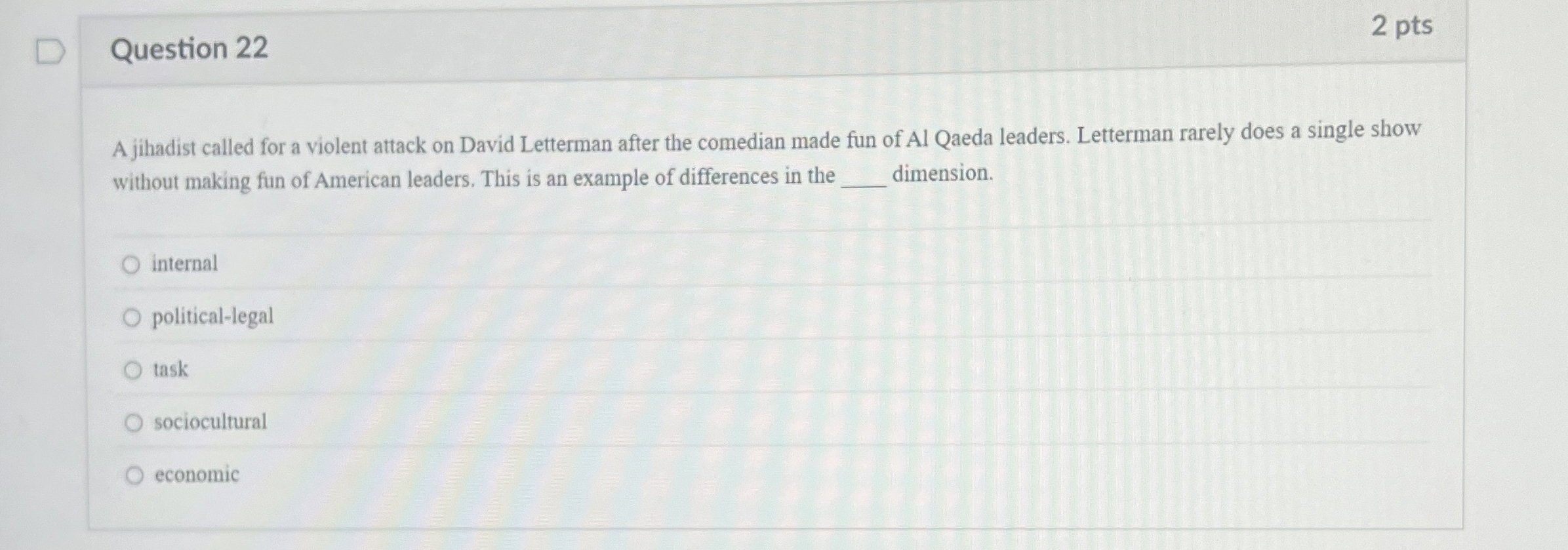  Question 22 A jihadist called for a violent attack on David