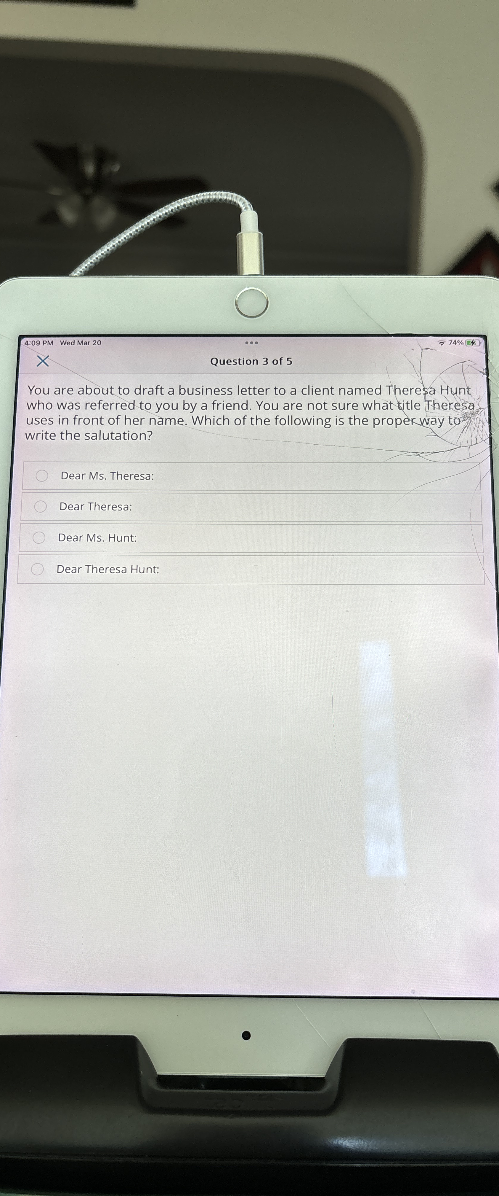  4:09 PM Wed Mar 20 x ** 74%[4] You are about
