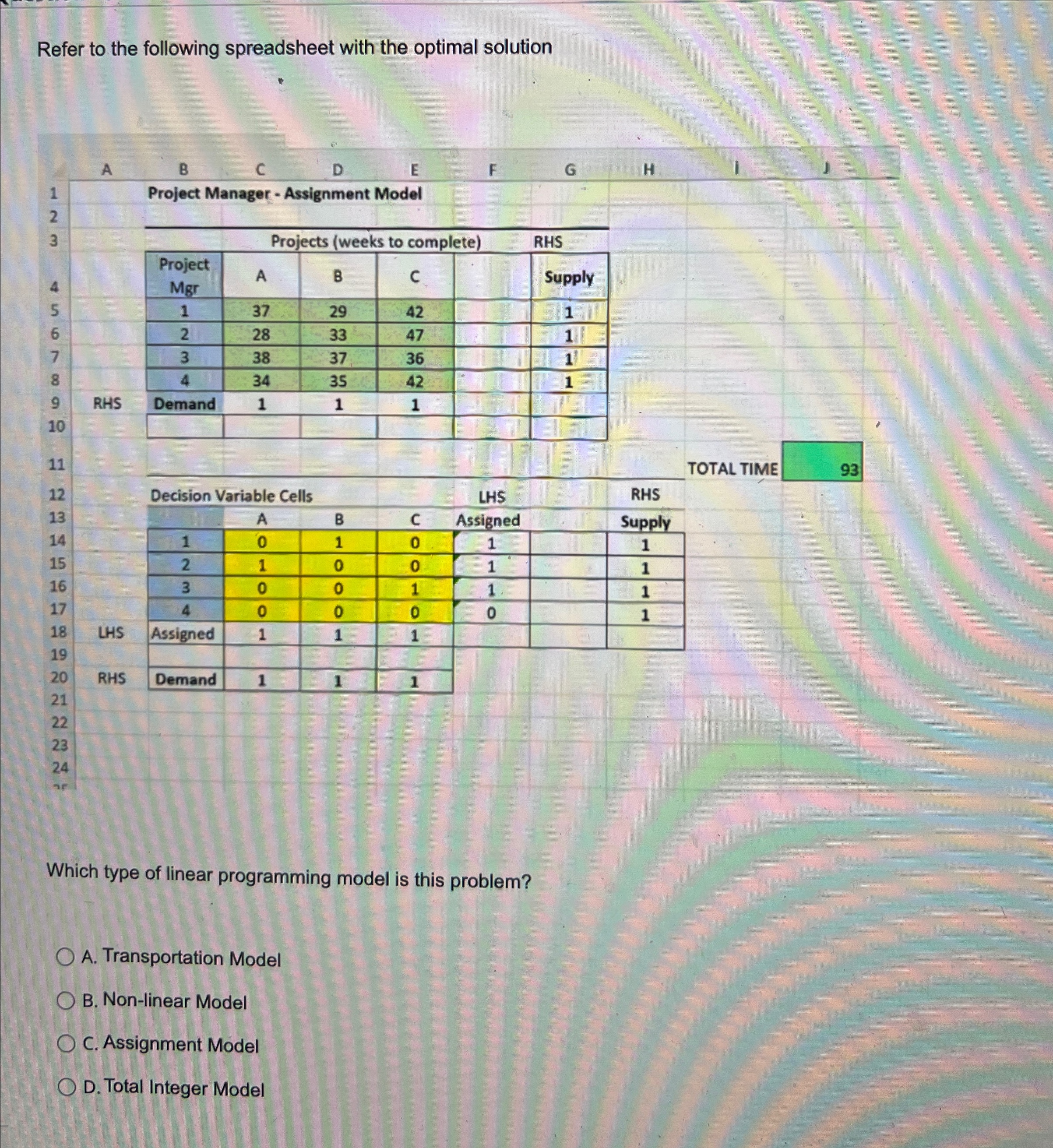  Refer to the following spreadsheet with the optimal solution \table[[,A,B,C,D,E,F,G,H,1,],[1,,Project Manager