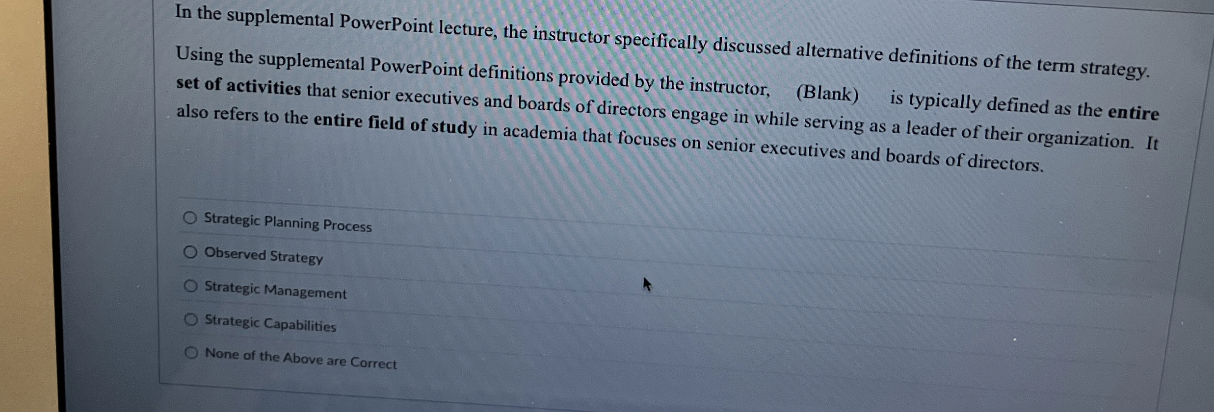  In the supplemental PowerPoint lecture, the instructor specifically discussed alternative definitions