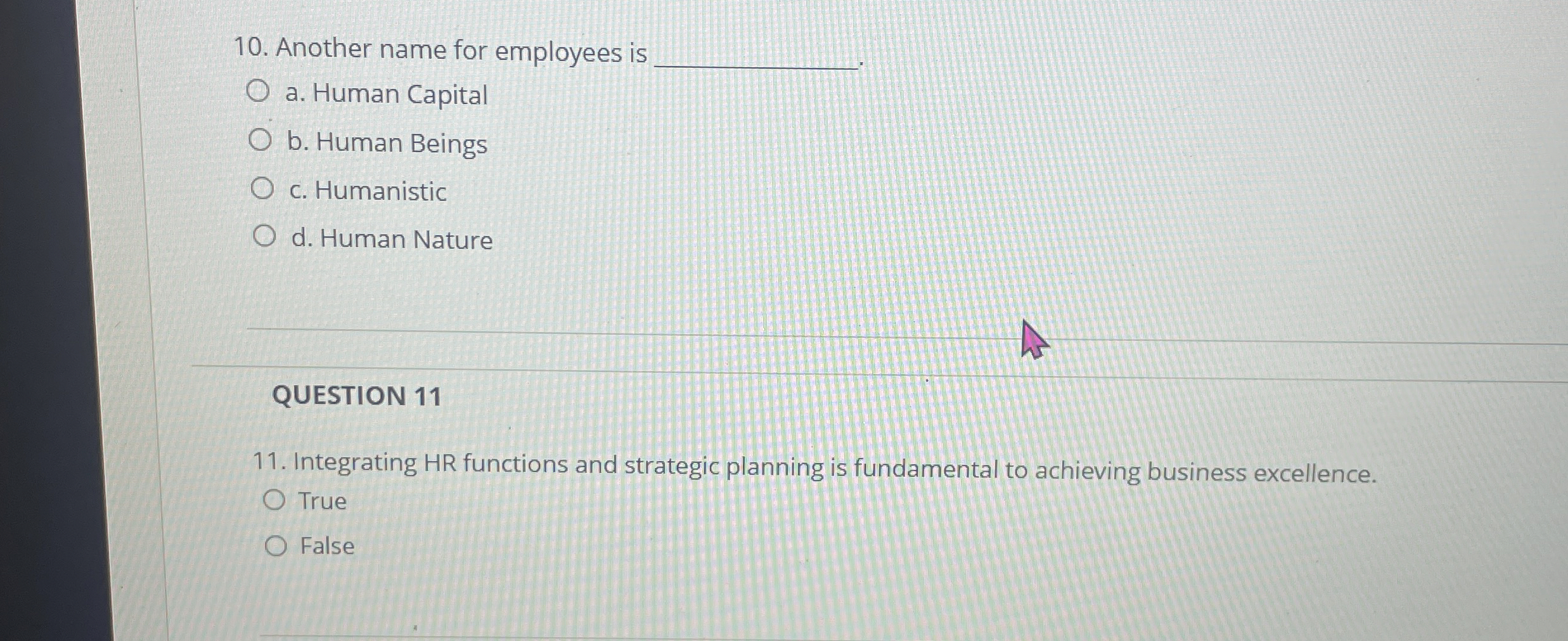  Another name for employees is q, a. Human Capital b. Human