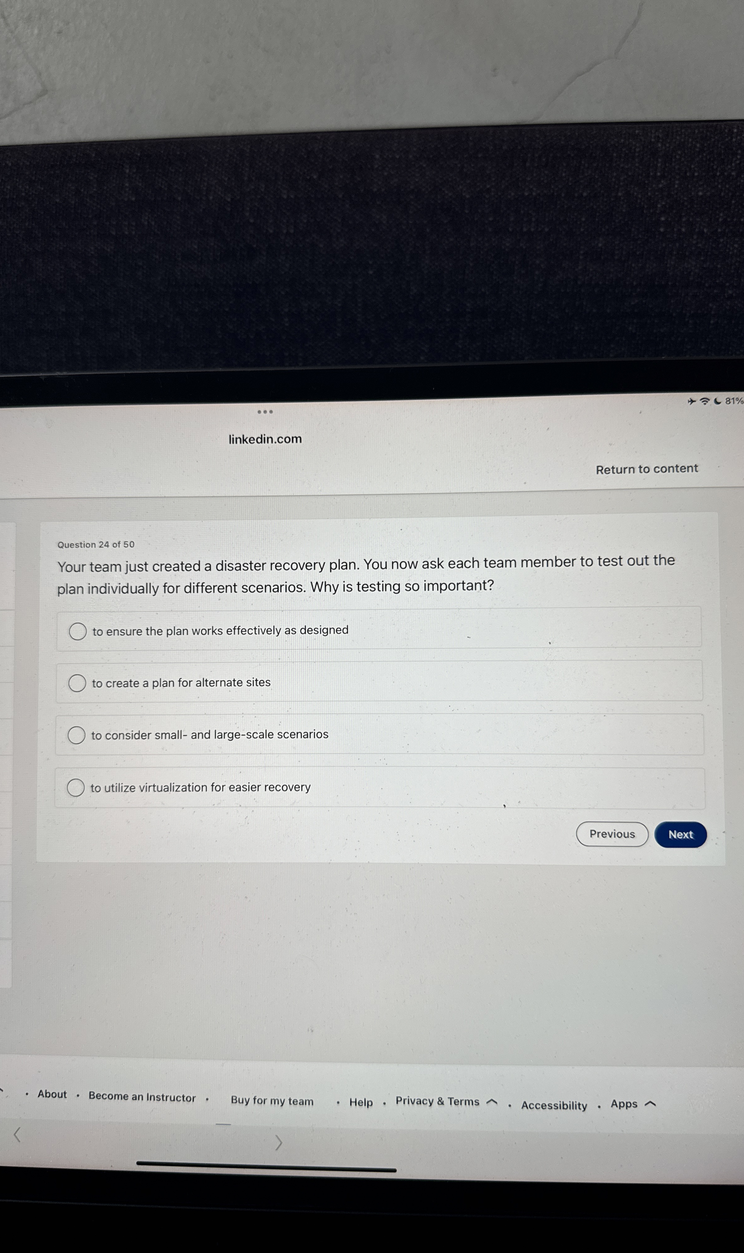  81% linkedin.com Return to content Question 24 of 50 Your team