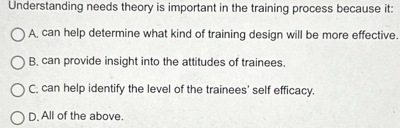  Understanding needs theory is important in the training process because it:
