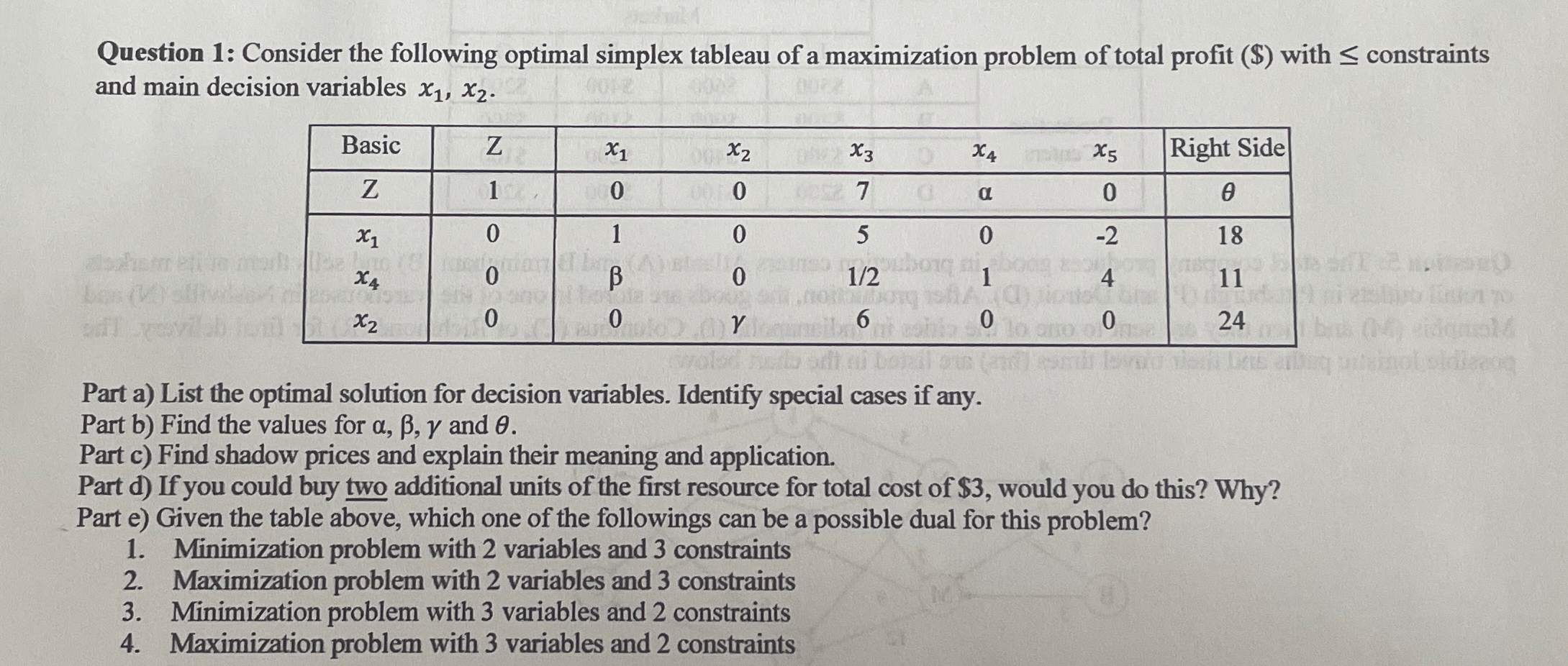  Question 1: Consider the following optimal simplex tableau of a maximization