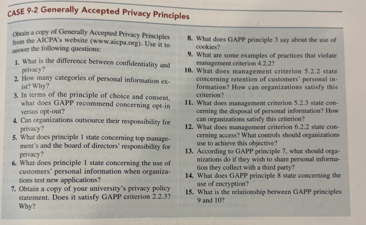  CASE 9-2 Generally Accepted Privacy Principles Obtain a copy of Generally