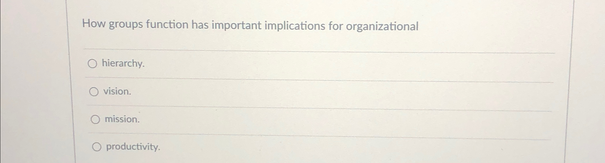  How groups function has important implications for organizational hierarchy. vision. mission.