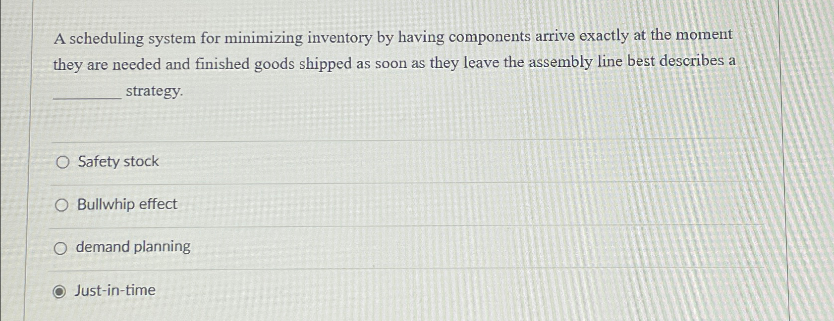  A scheduling system for minimizing inventory by having components arrive exactly