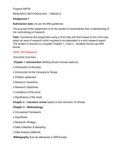  Program BHTM RESEARCH METHODOLOGY - DRS2013 Assignment 1 Submission date: As