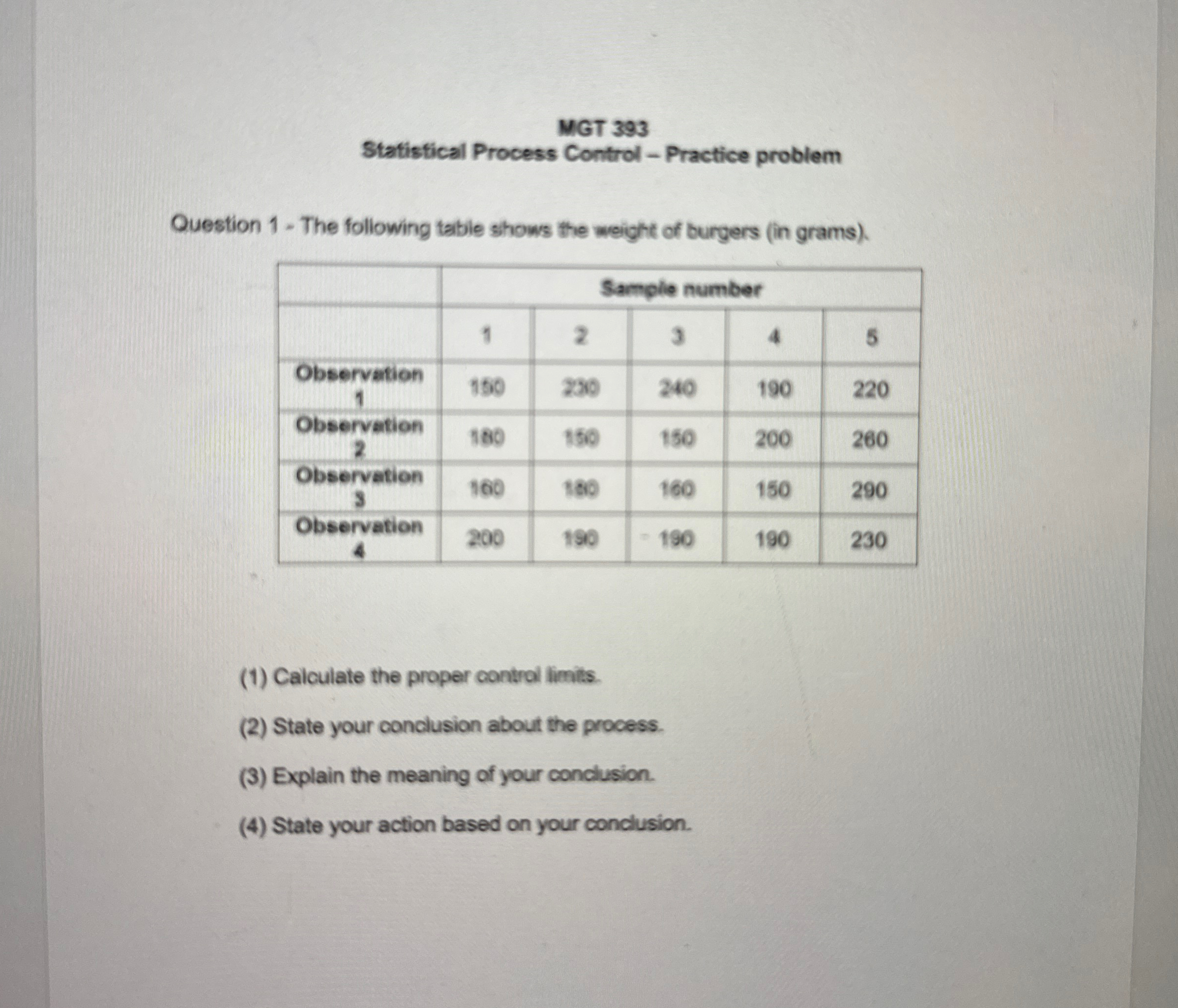  MGT 393 Statistical Process Control - Practice problem Question 1- The
